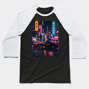 Dark Neon Sports Car in Japanese Neon City Baseball T-Shirt